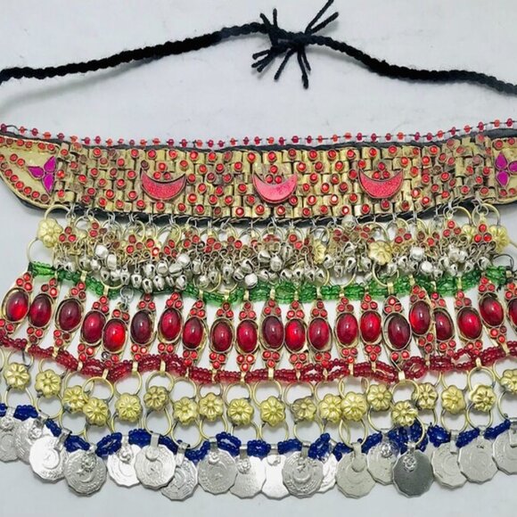 Red Stones Afghan Necklace, Vintage Coins Multilayer Choker Necklace, Gypsy - Picture 8 of 14
